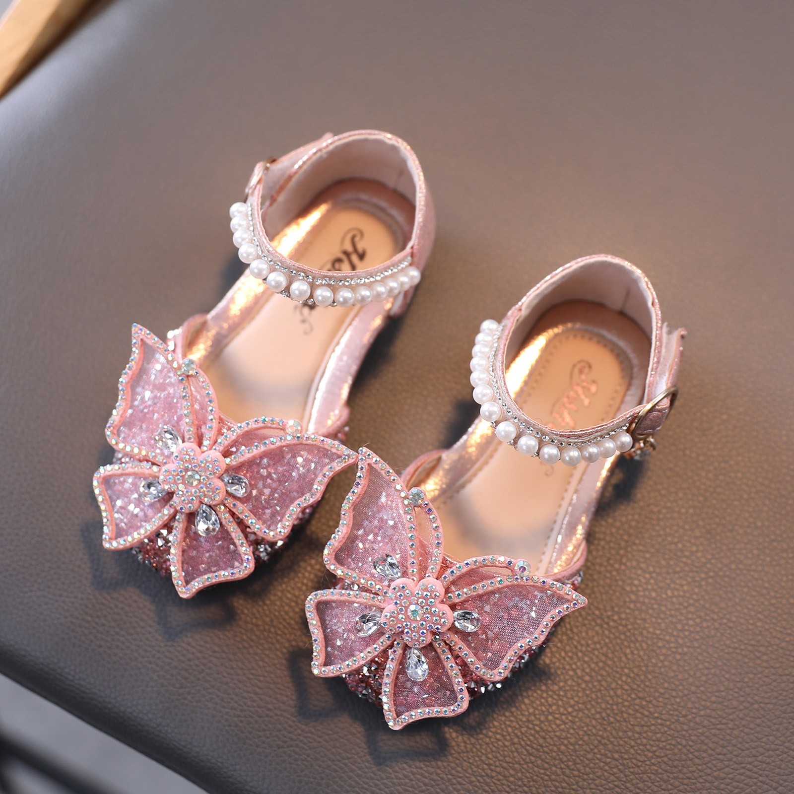 2021 girls princess leather shoes flowers casual glitter children's high heels bow sandals