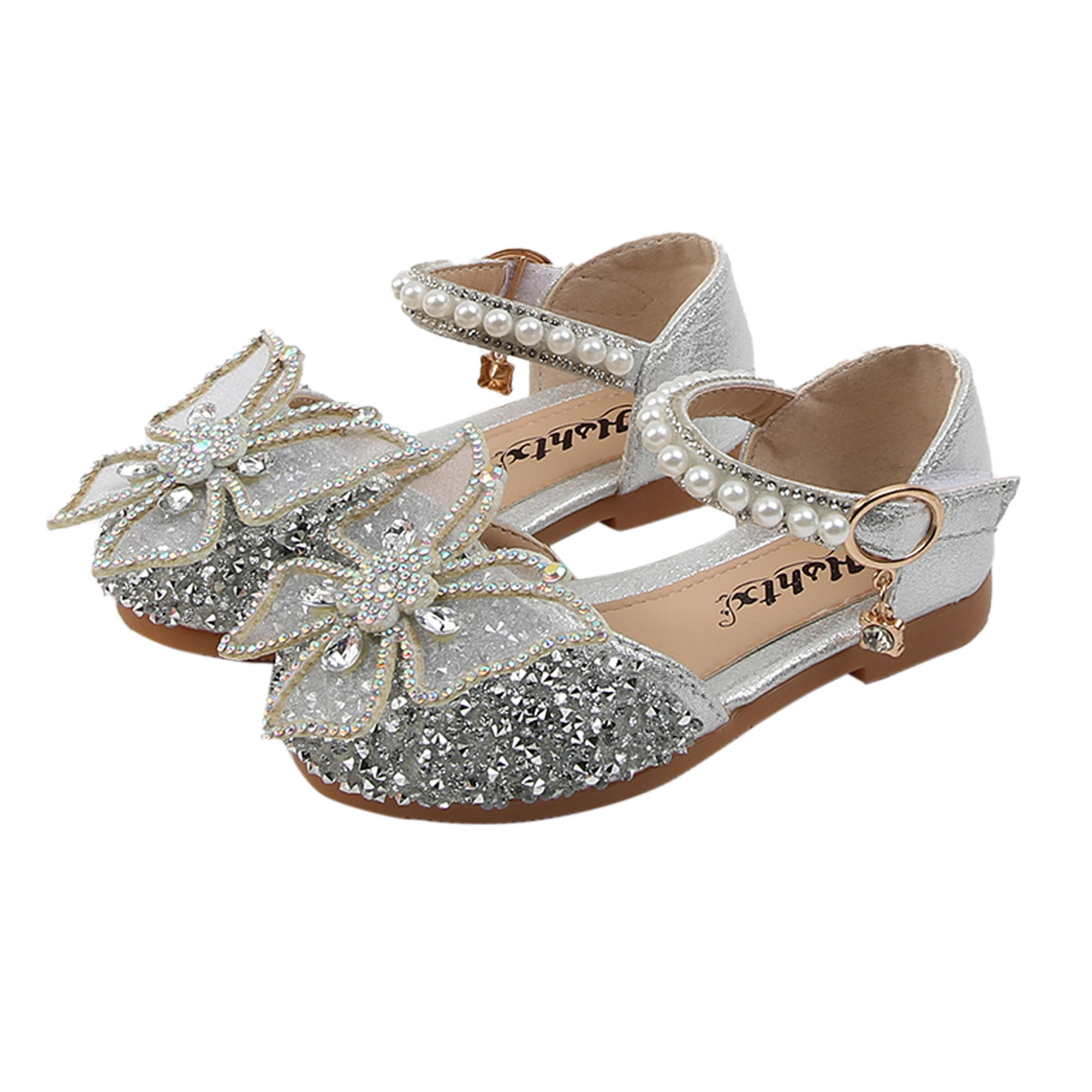 2021 girls princess leather shoes flowers casual glitter children's high heels bow sandals