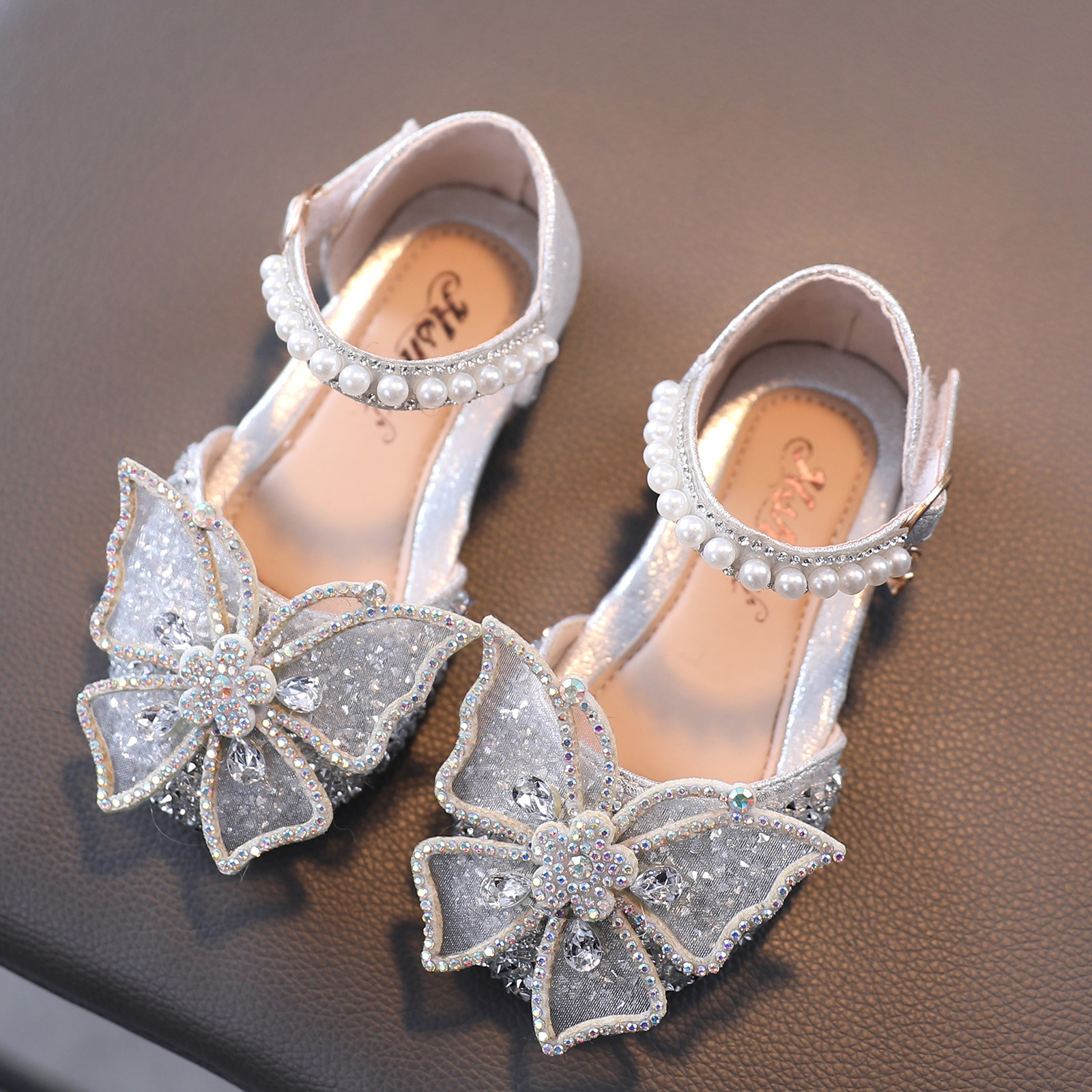 2021 girls princess leather shoes flowers casual glitter children's high heels bow sandals