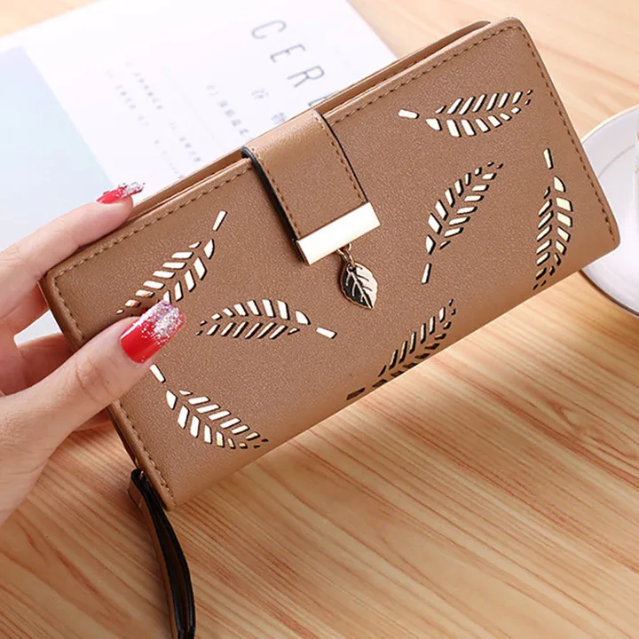 New Style Quality Leather Women Wallets Hollowed Leaf Ladies Handbags Fashion Girl Accessories
