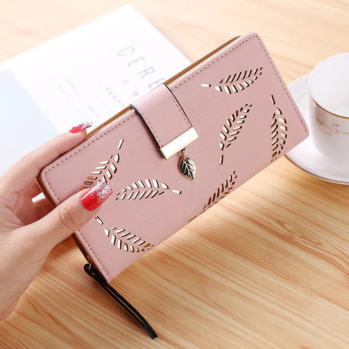 New Style Quality Leather Women Wallets Hollowed Leaf Ladies Handbags Fashion Girl Accessories