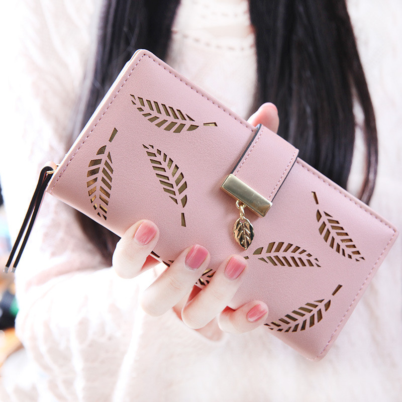 New Style Quality Leather Women Wallets Hollowed Leaf Ladies Handbags Fashion Girl Accessories