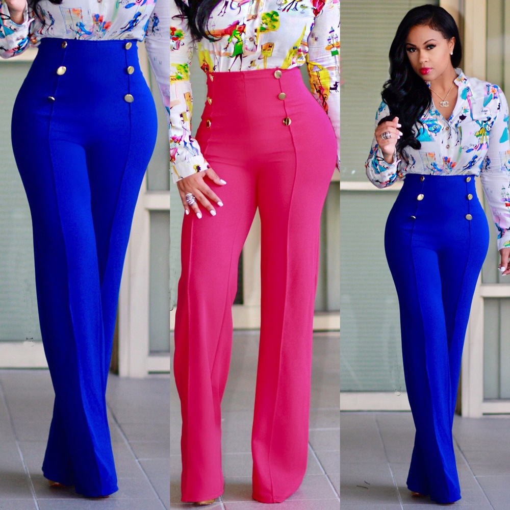 Women Pants Button Casual Pants Office Lady Fashion Loose Stretch Women Trousers Wide Leg High Waist