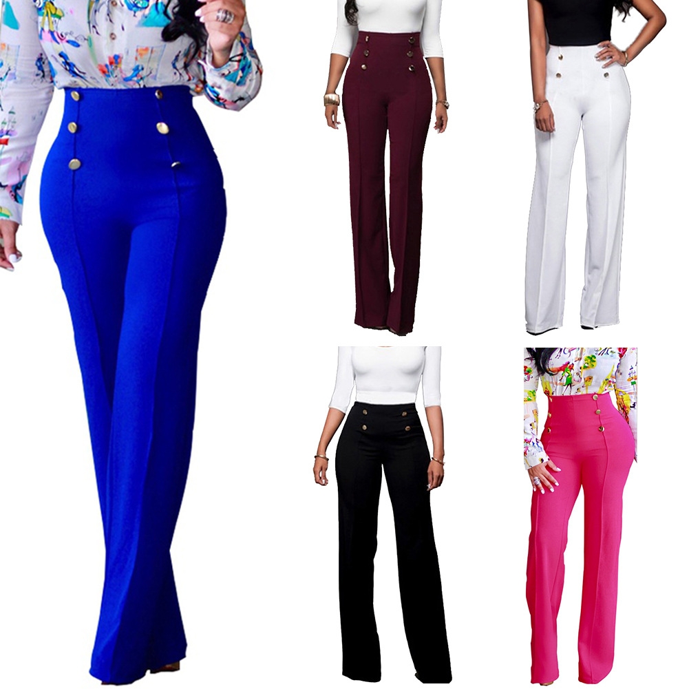 Women Pants Button Casual Pants Office Lady Fashion Loose Stretch Women Trousers Wide Leg High Waist