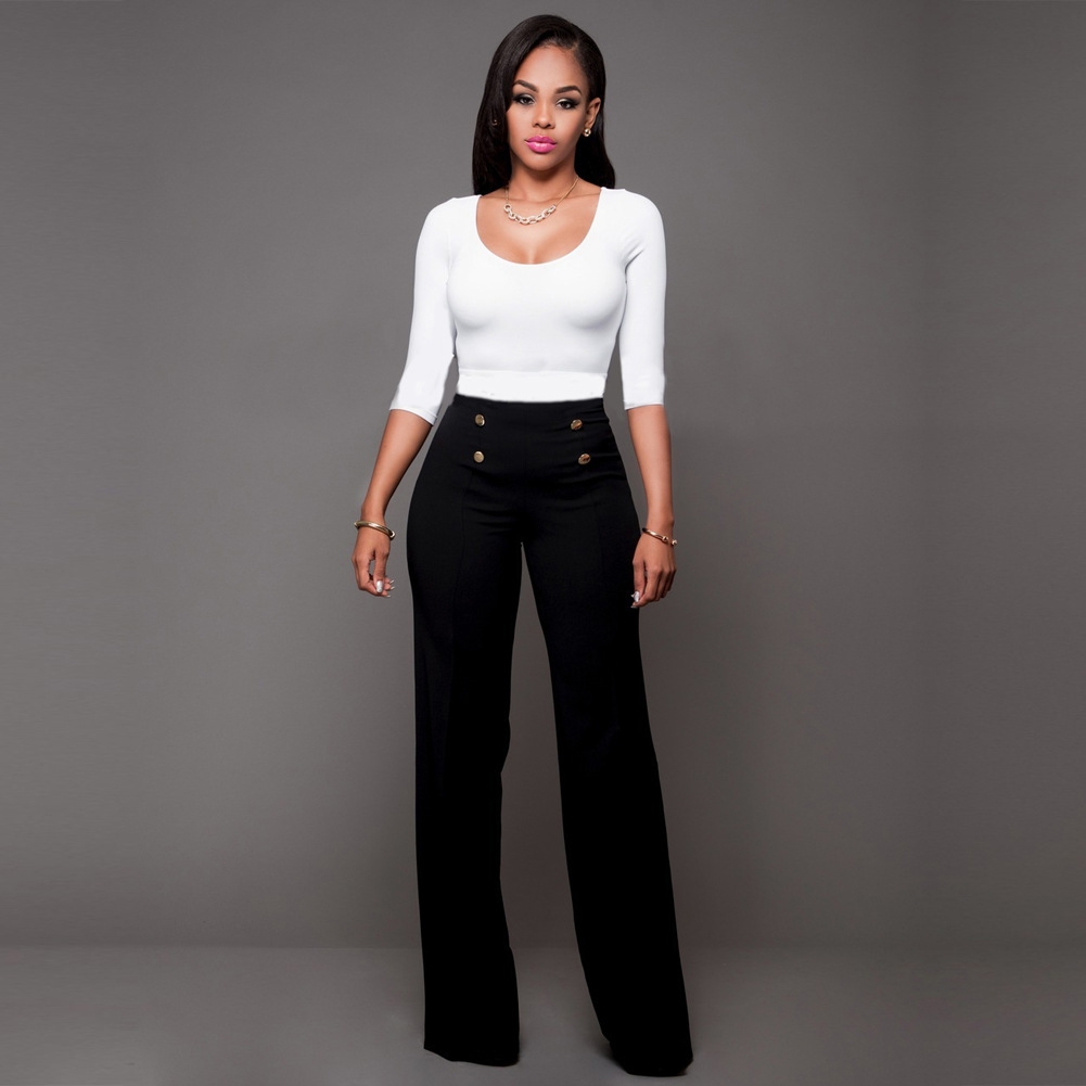 Women Pants Button Casual Pants Office Lady Fashion Loose Stretch Women Trousers Wide Leg High Waist