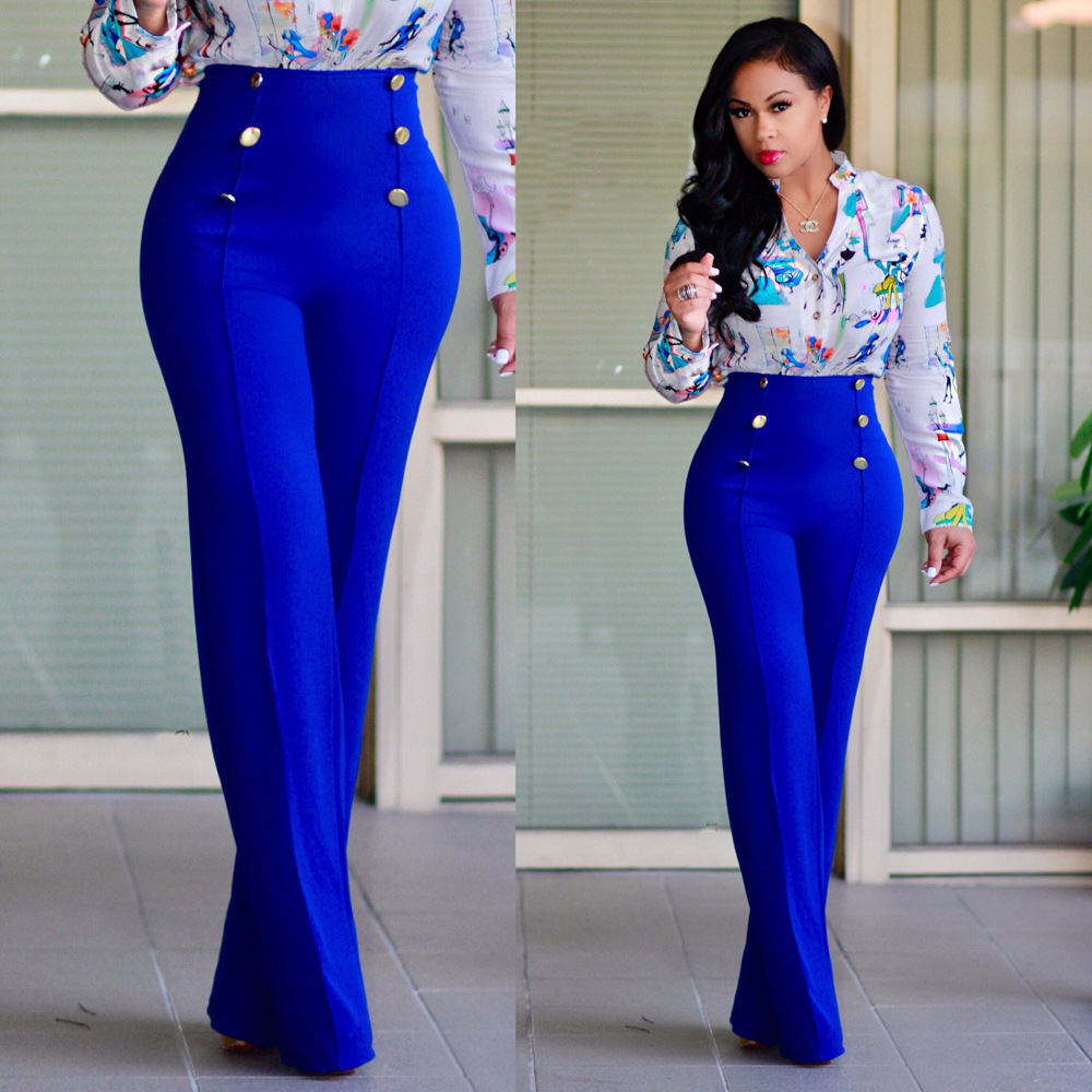 Women Pants Button Casual Pants Office Lady Fashion Loose Stretch Women Trousers Wide Leg High Waist