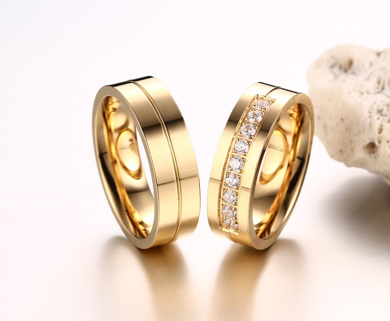 (DY) Wedding Ring Set Women Men Jewelry Stainless Steel Engagement Ring Couple Anniversary Gift