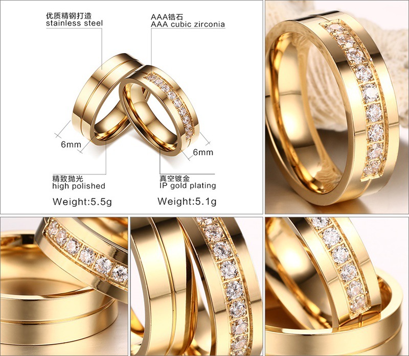 (DY) Wedding Ring Set Women Men Jewelry Stainless Steel Engagement Ring Couple Anniversary Gift