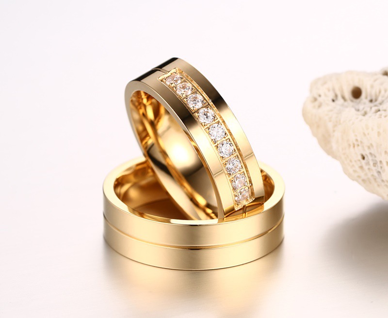 (DY) Wedding Ring Set Women Men Jewelry Stainless Steel Engagement Ring Couple Anniversary Gift