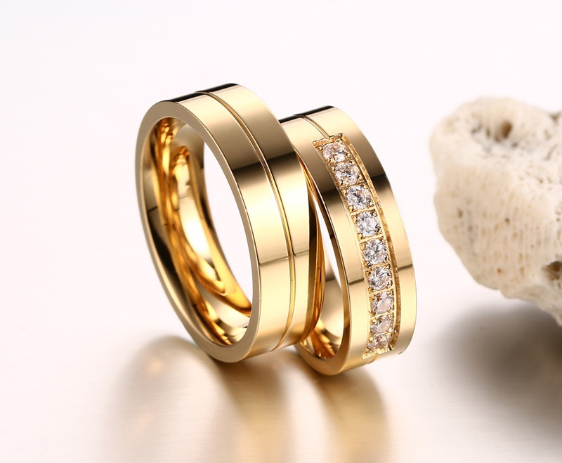 (DY) Wedding Ring Set Women Men Jewelry Stainless Steel Engagement Ring Couple Anniversary Gift