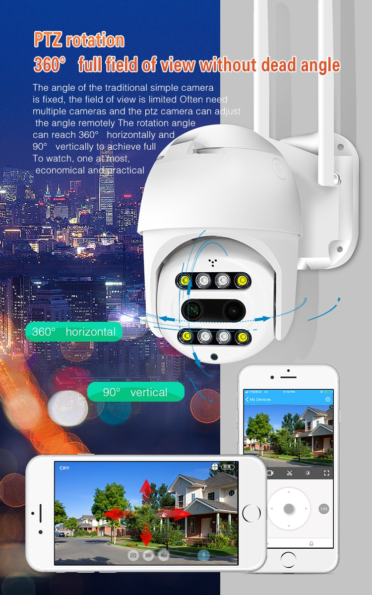 EVKVO FHD 3MP 10x ZOOM Dual-Lens Wifi Camera Outdoor PTZ Motion Detection CCTV IP Camera Audio Speed