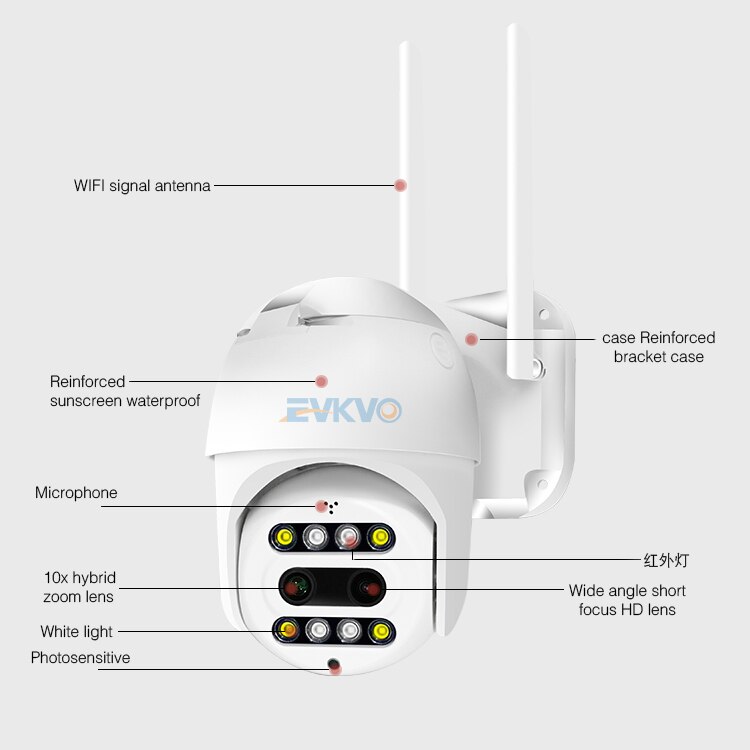 EVKVO FHD 3MP 10x ZOOM Dual-Lens Wifi Camera Outdoor PTZ Motion Detection CCTV IP Camera Audio Speed