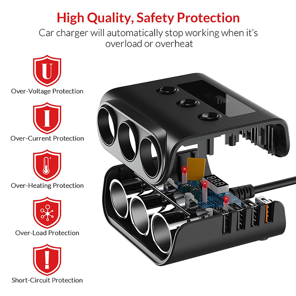 USB Car Charger Splitter Adapter Fast Charge LED Voltage Display Socket Splitter Charger 4 USB
