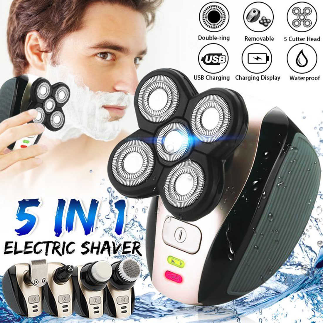 5 In 1 4D Men's Rechargeable Bald Head Electric Shaver  Razor Clipper Facial Brush