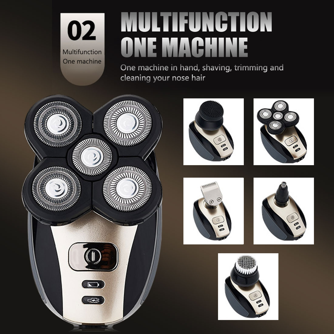 5 In 1 4D Men's Rechargeable Bald Head Electric Shaver  Razor Clipper Facial Brush