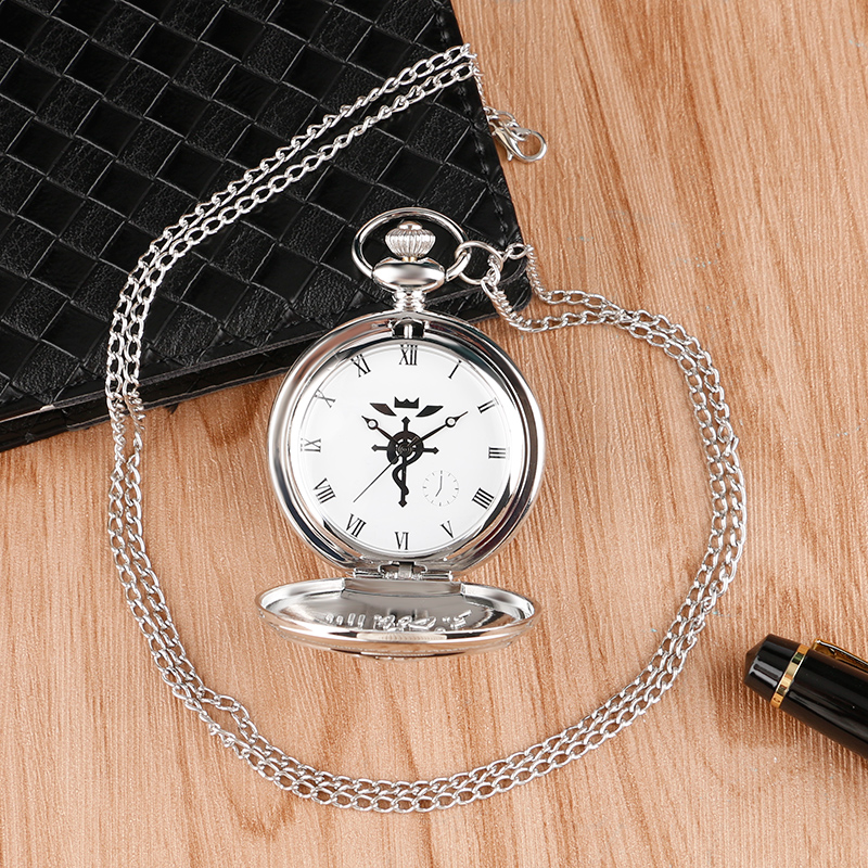 Cool Silver Smooth Alchemist Theme Quartz Pocket Fob Watches with Necklace Chain for Boys Children