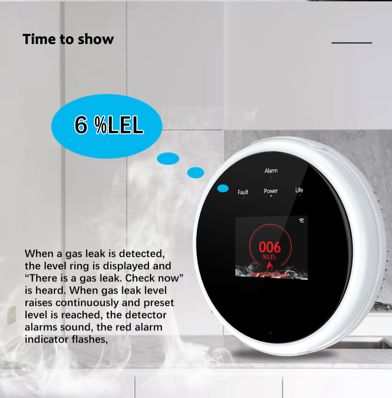 Tuya Wifi Smart Gas Detector With Temperature Sensor LCD Display Wifi Combustible Gas Leak Detectable USB Power APP Remote Alarm