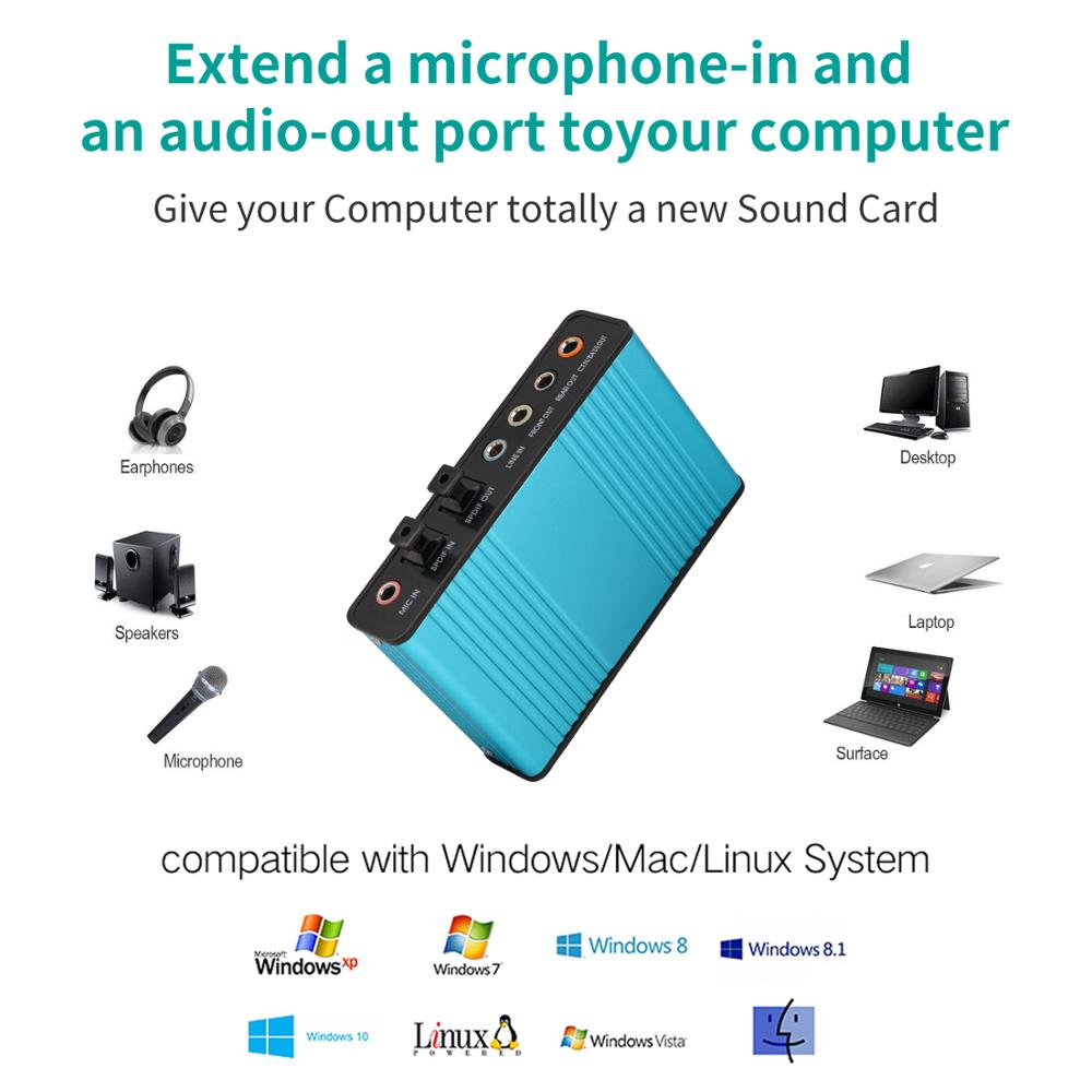 Sound Card 6 Channel 5.1 Optical External Audio Card Converter CM6206 Chipset for Laptop Desktop