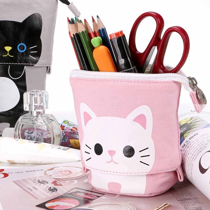Cute Cat Retractable Pencil Case Stationery Bag Pen Cases Canvas High Capacity Gifts for Kids