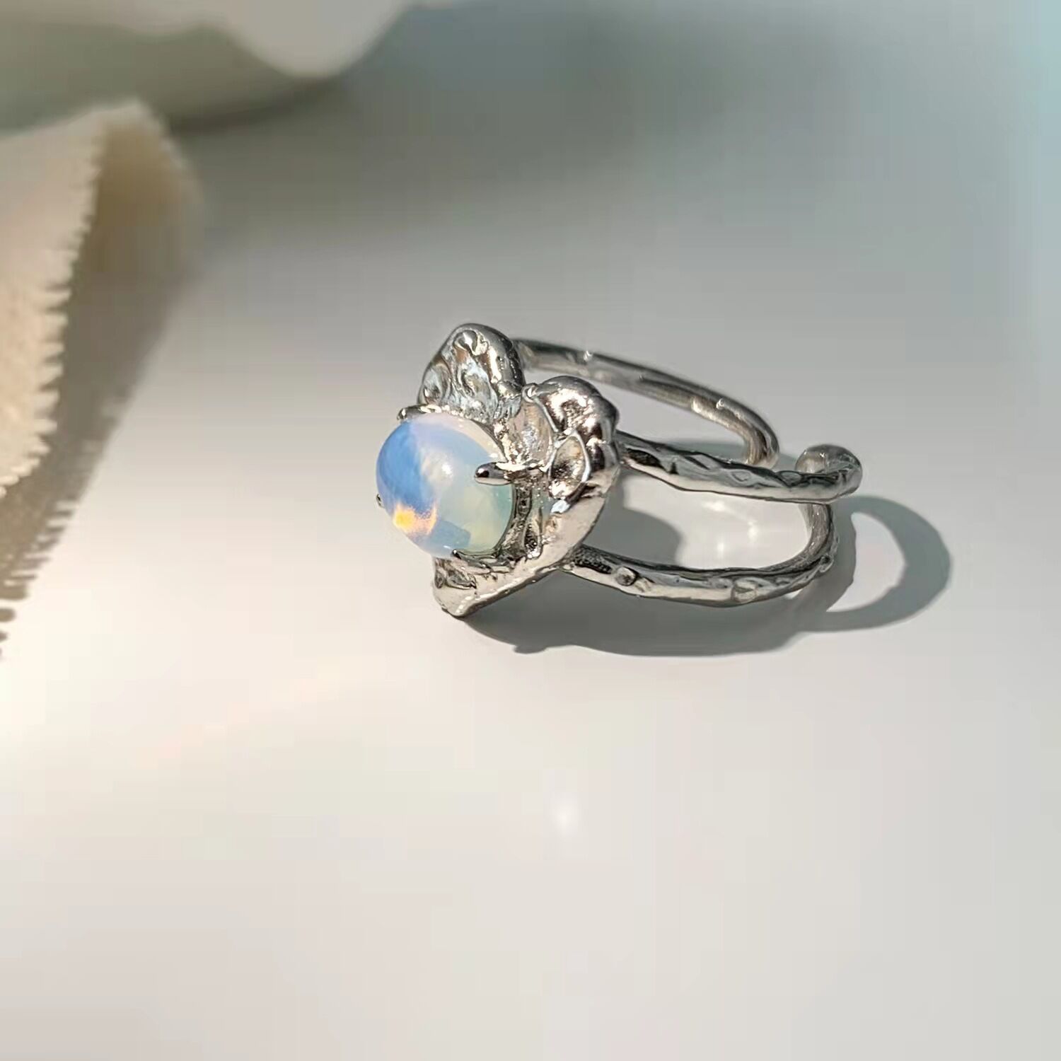 Love ring fold texture moonstone ring female retro temperament opening adjustable ring