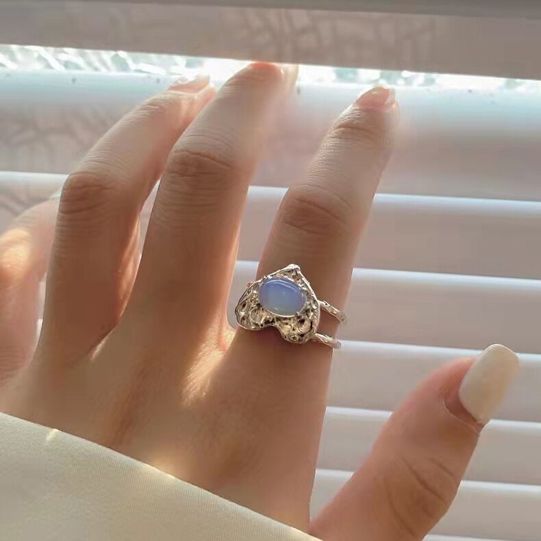Love ring fold texture moonstone ring female retro temperament opening adjustable ring