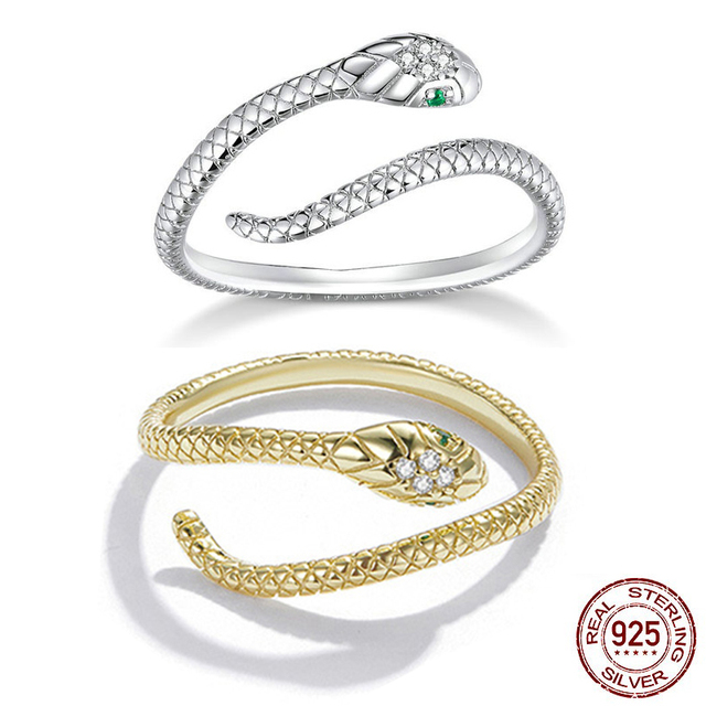 2pcs Resizable Cute s925 Sterling Silver Ring Platinum Gold Plated Zircon Retro Textures Spirit Snake Rings Fine Jewelry Loop