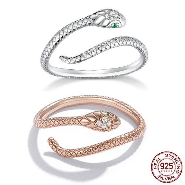 2pcs Resizable Cute s925 Sterling Silver Ring Platinum Gold Plated Zircon Retro Textures Spirit Snake Rings Fine Jewelry Loop