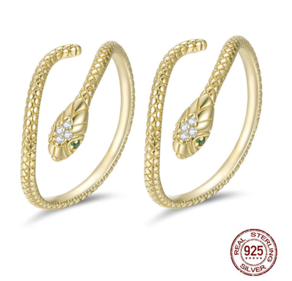 2pcs Resizable Cute s925 Sterling Silver Ring Platinum Gold Plated Zircon Retro Textures Spirit Snake Rings Fine Jewelry Loop