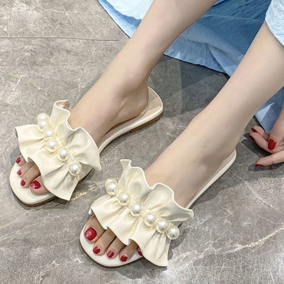 Slippers women's outer wear fashion sweet pearl flowers flat flip flops