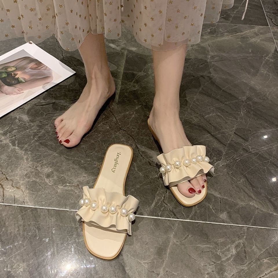 Slippers women's outer wear fashion sweet pearl flowers flat flip flops