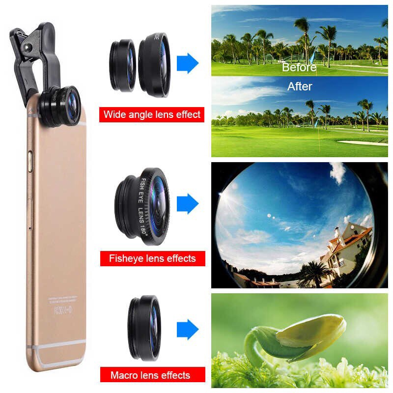 3-in-1 Fish Eye Lens Camera Kits Universal Wide Angle Mobile Phone Lenses Macro with Clip 0.67x For All Phones