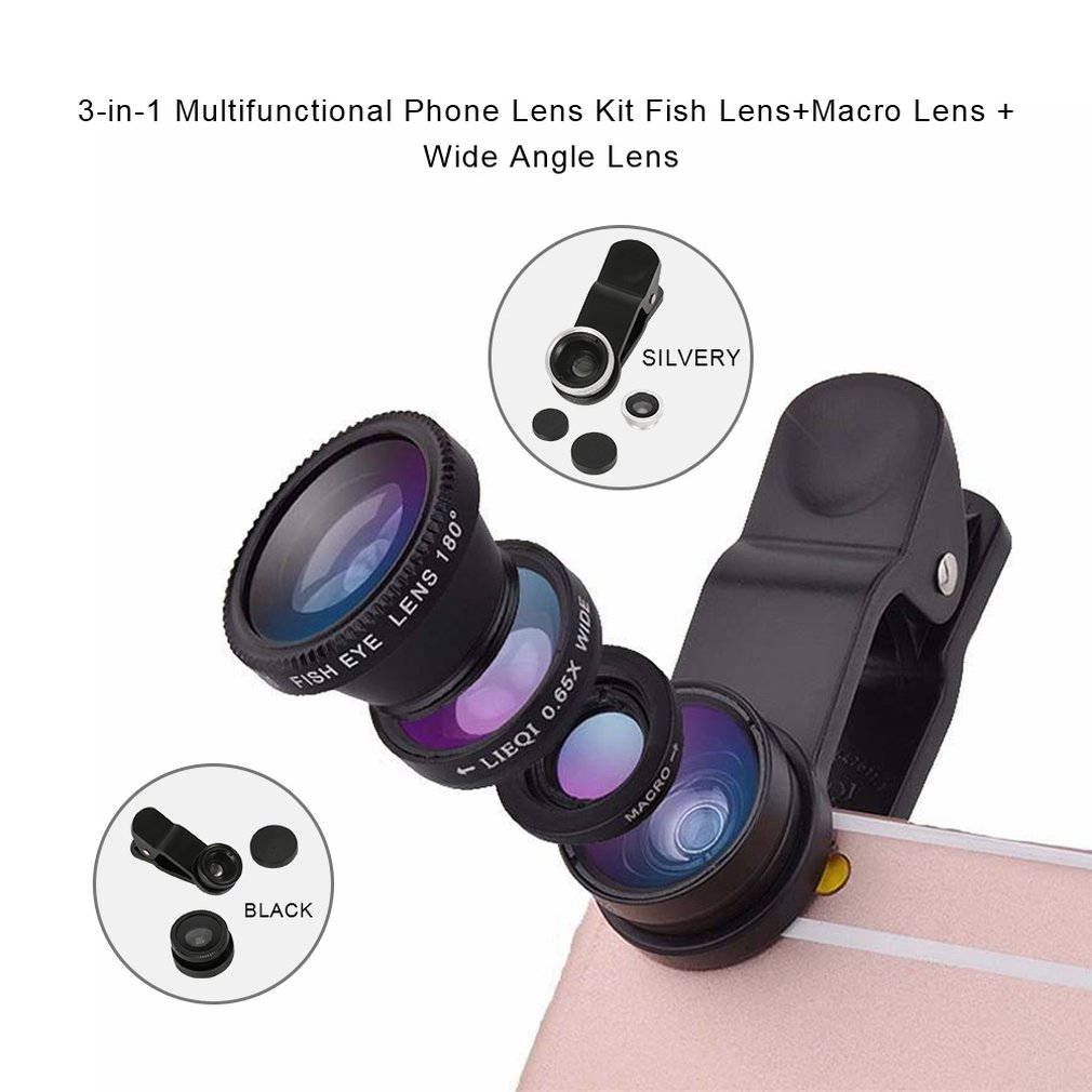 3-in-1 Fish Eye Lens Camera Kits Universal Wide Angle Mobile Phone Lenses Macro with Clip 0.67x For All Phones