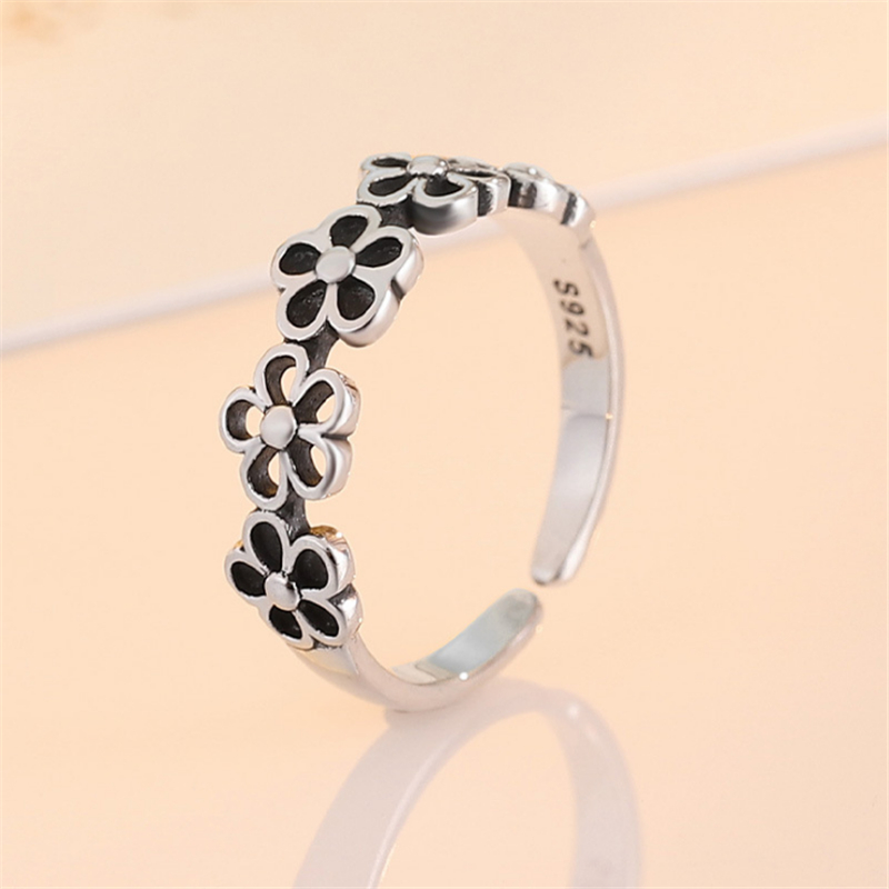 925 Sterling Silver Prevent Allergy Plant Flowers Vintage Open Rings Ethnic Sweet Forefinger Ring For Women Girls