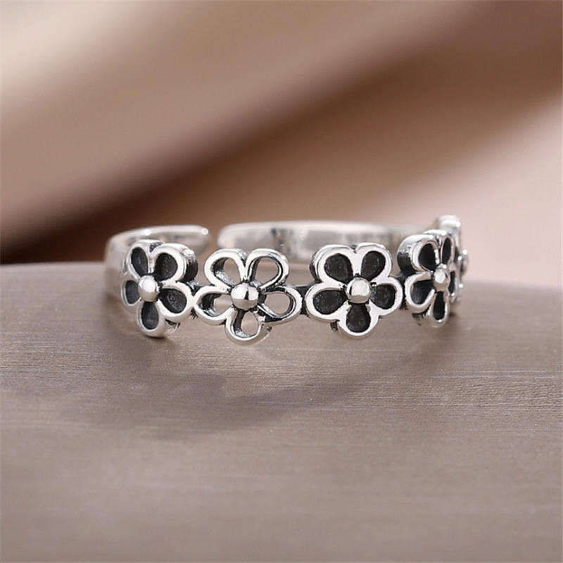 925 Sterling Silver Prevent Allergy Plant Flowers Vintage Open Rings Ethnic Sweet Forefinger Ring For Women Girls
