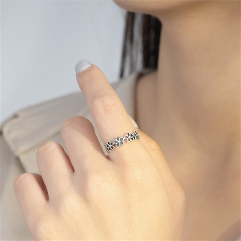 925 Sterling Silver Prevent Allergy Plant Flowers Vintage Open Rings Ethnic Sweet Forefinger Ring For Women Girls