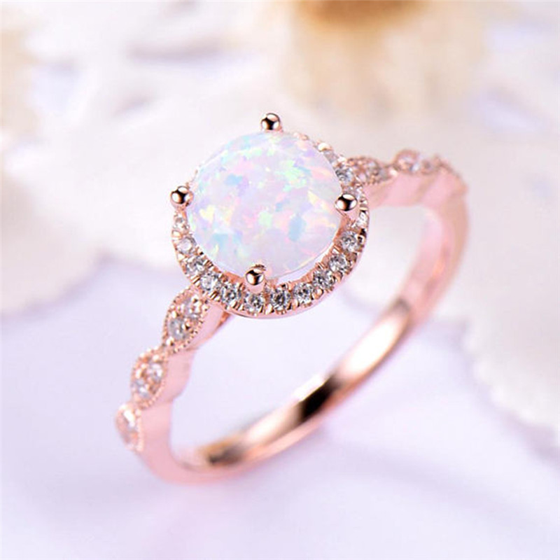Dainty Round Fire Opal Rings for Women Rose Gold CZ Engagement Rings in Copper Promise Ring Wedding Party Jewelry