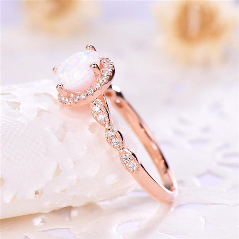 Dainty Round Fire Opal Rings for Women Rose Gold CZ Engagement Rings in Copper Promise Ring Wedding Party Jewelry