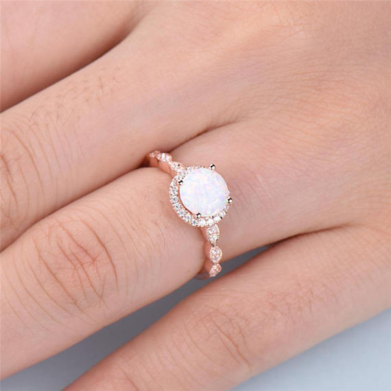 Dainty Round Fire Opal Rings for Women Rose Gold CZ Engagement Rings in Copper Promise Ring Wedding Party Jewelry