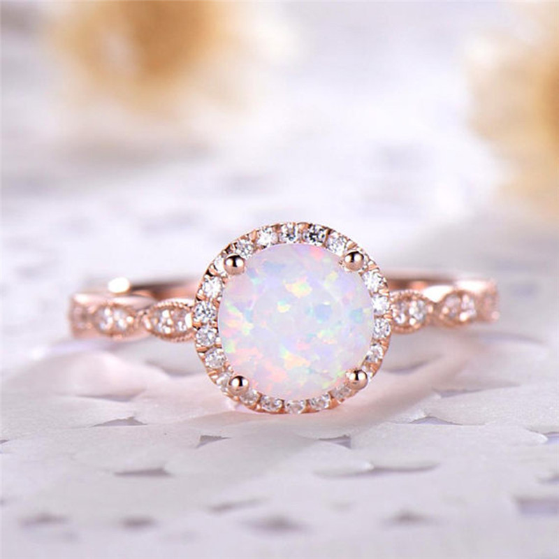 Dainty Round Fire Opal Rings for Women Rose Gold CZ Engagement Rings in Copper Promise Ring Wedding Party Jewelry