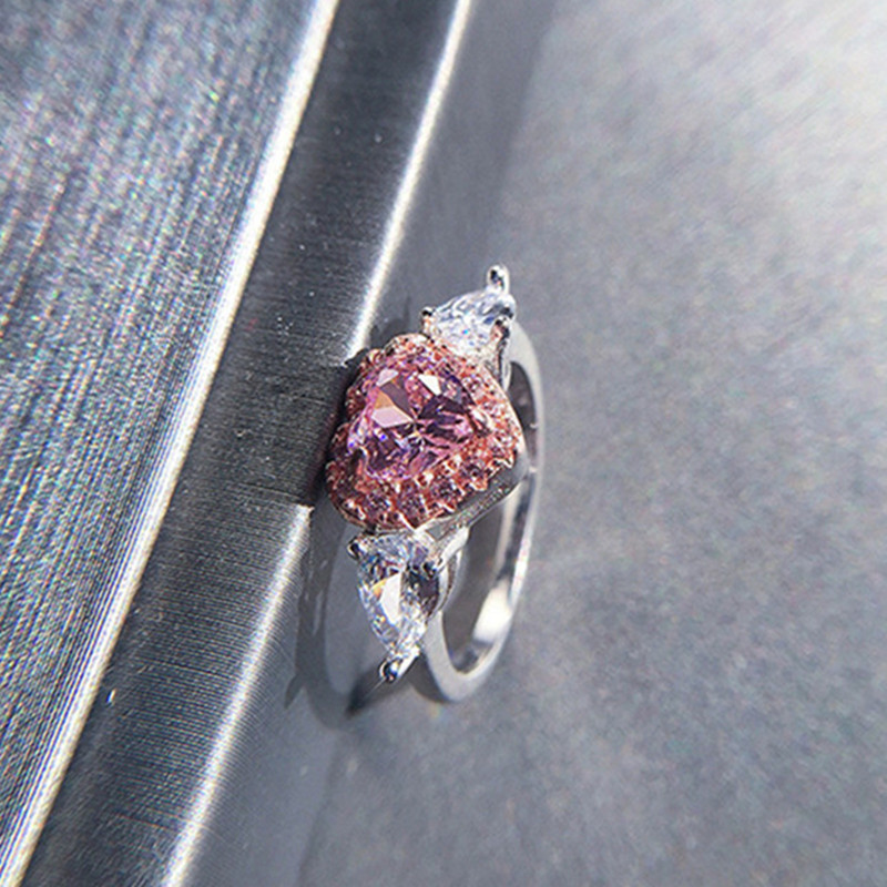 Women  Stamp Pink Cubic Zirconia Heart Bridal Wedding Fine Jewelry Bridal Wedding Ring Accessories