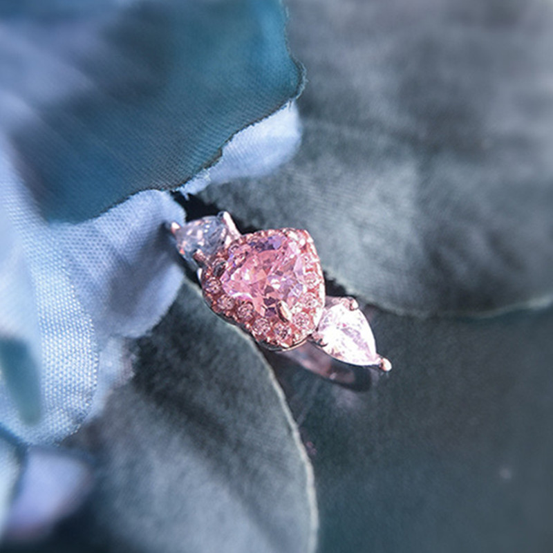 Women  Stamp Pink Cubic Zirconia Heart Bridal Wedding Fine Jewelry Bridal Wedding Ring Accessories