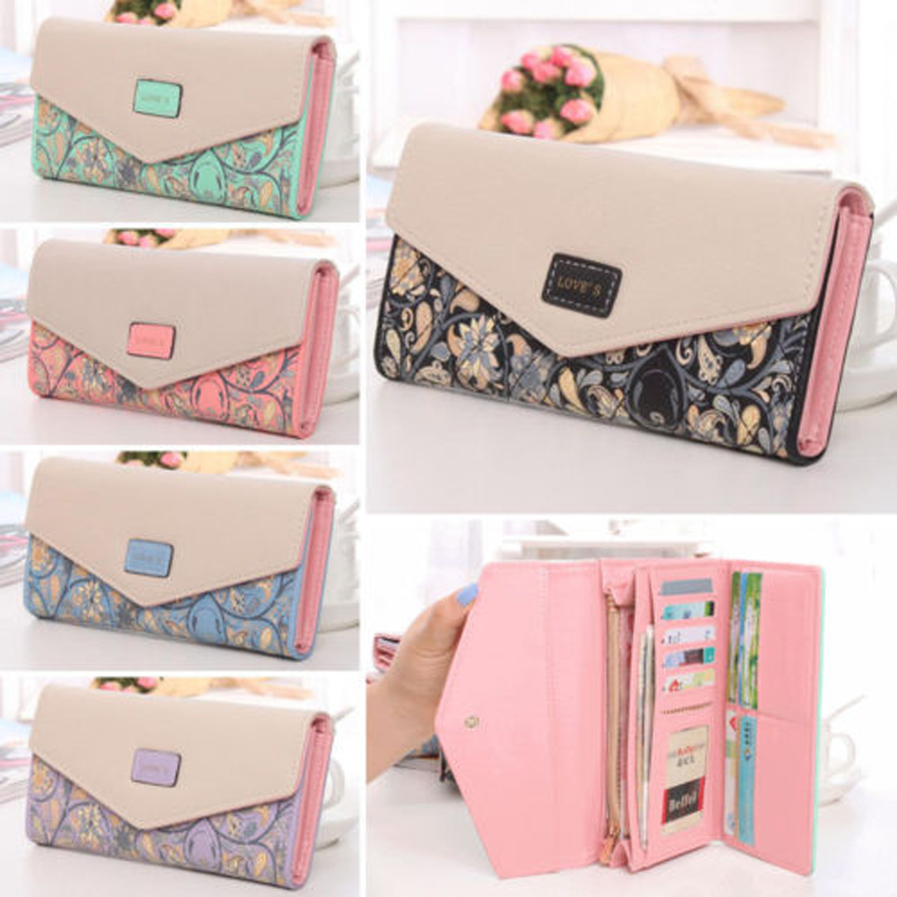 1PC High Capacity Womens Ladies Envelope Leather Wallet Card Button Clutch Purse Long Clutch Wallets Money Bag