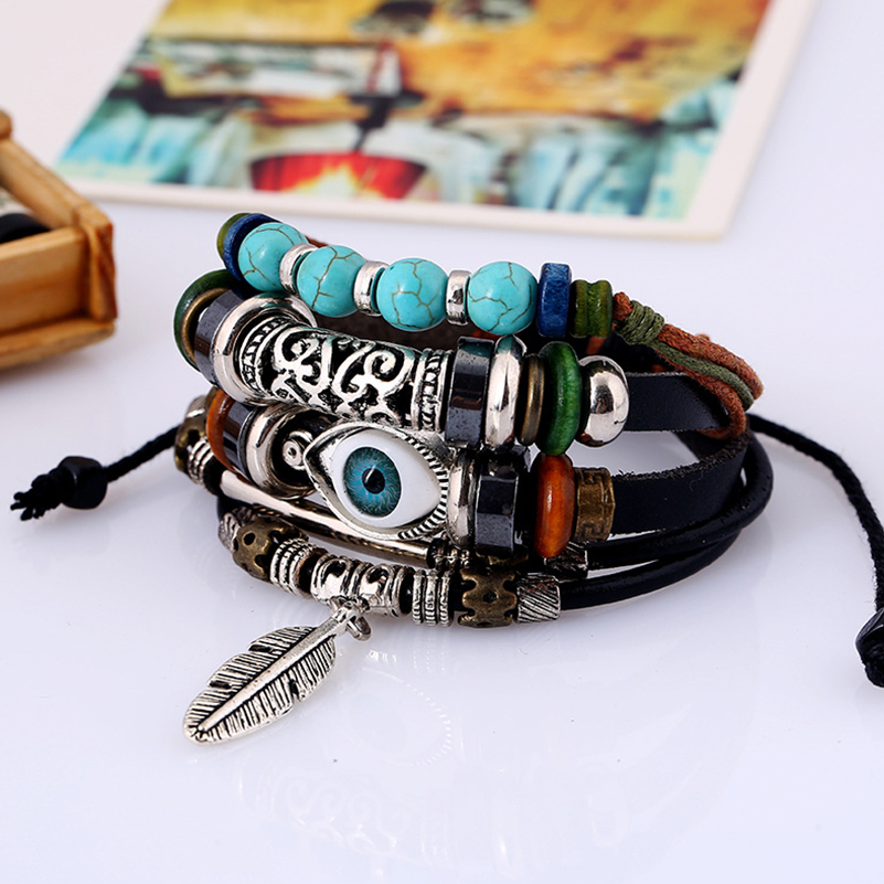 Handmade  Vintage Young Punk Brown Leather Feather Metal Charms Unisex Adjustable Layered Bracelet