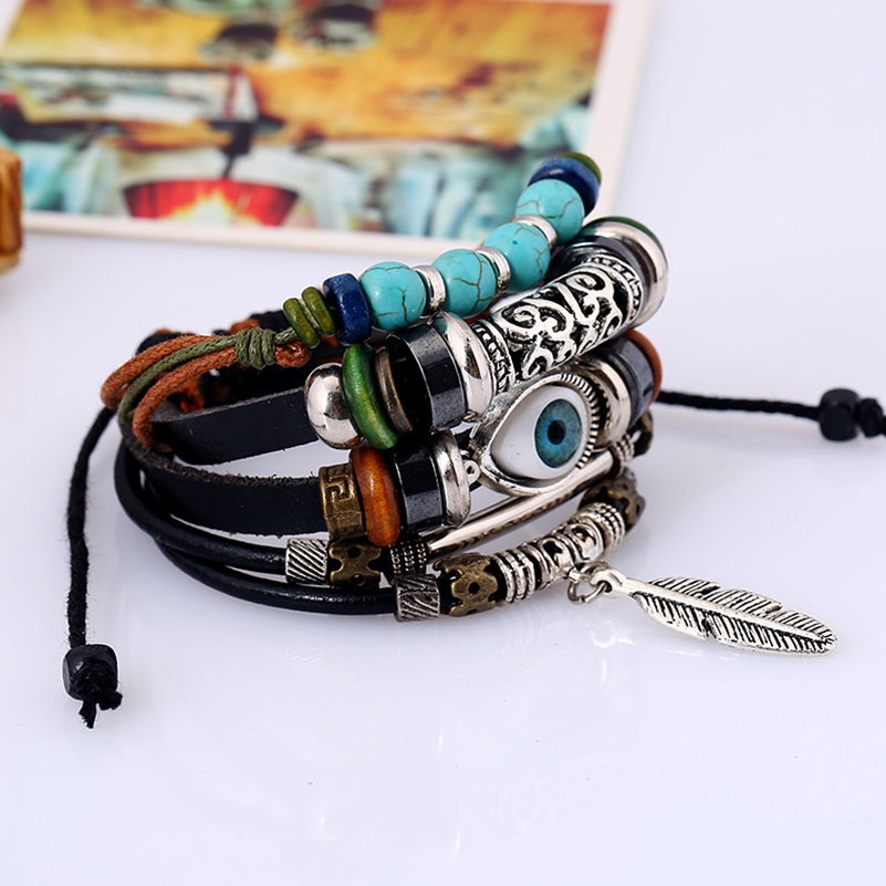 Handmade  Vintage Young Punk Brown Leather Feather Metal Charms Unisex Adjustable Layered Bracelet