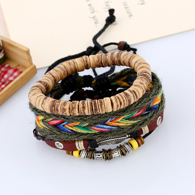 Boho Gypsy Hippie Punk Wooden Beige Coconut Wood Beads Brown Leather Cord Wrap Macrame Wrap Bracelets Set for Man