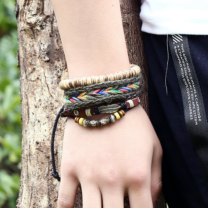 Boho Gypsy Hippie Punk Wooden Beige Coconut Wood Beads Brown Leather Cord Wrap Macrame Wrap Bracelets Set for Man
