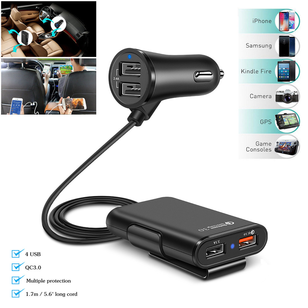 4 Port USB Car Charger Quick Charge QC3.0 5.6ft Extension Cable For Mobile Phone Driving Recorder Fast Charging