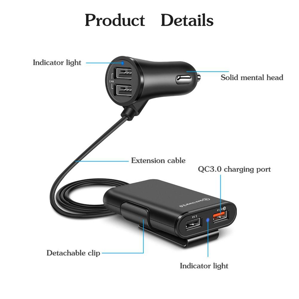 4 Port USB Car Charger Quick Charge QC3.0 5.6ft Extension Cable For Mobile Phone Driving Recorder Fast Charging