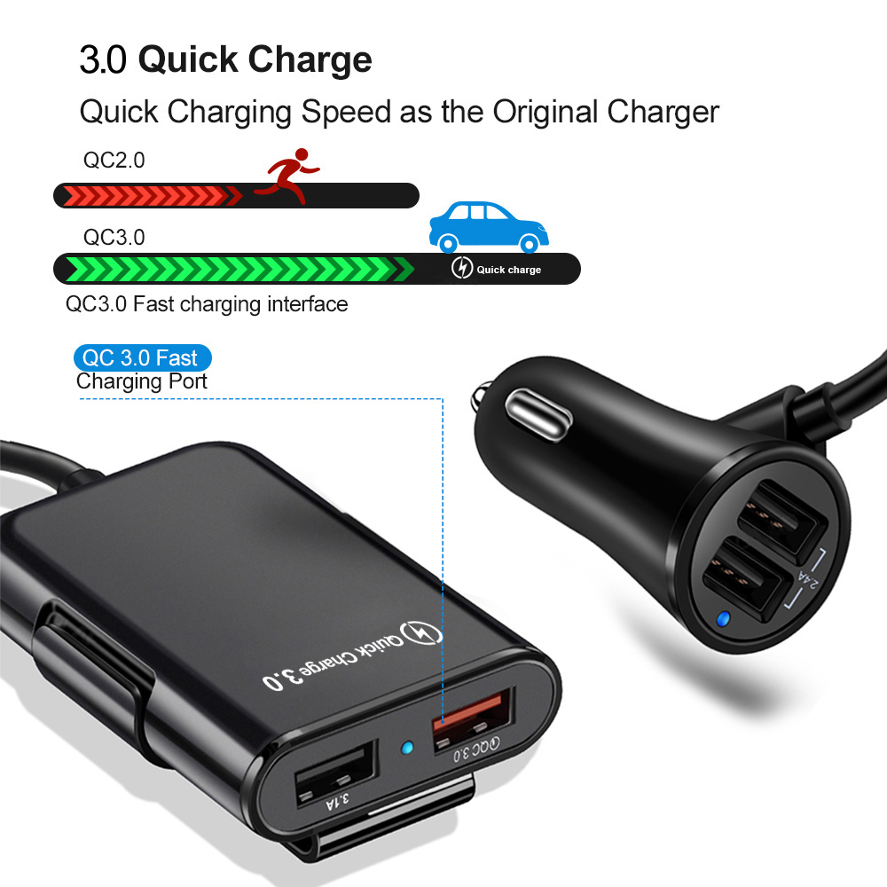 4 Port USB Car Charger Quick Charge QC3.0 5.6ft Extension Cable For Mobile Phone Driving Recorder Fast Charging