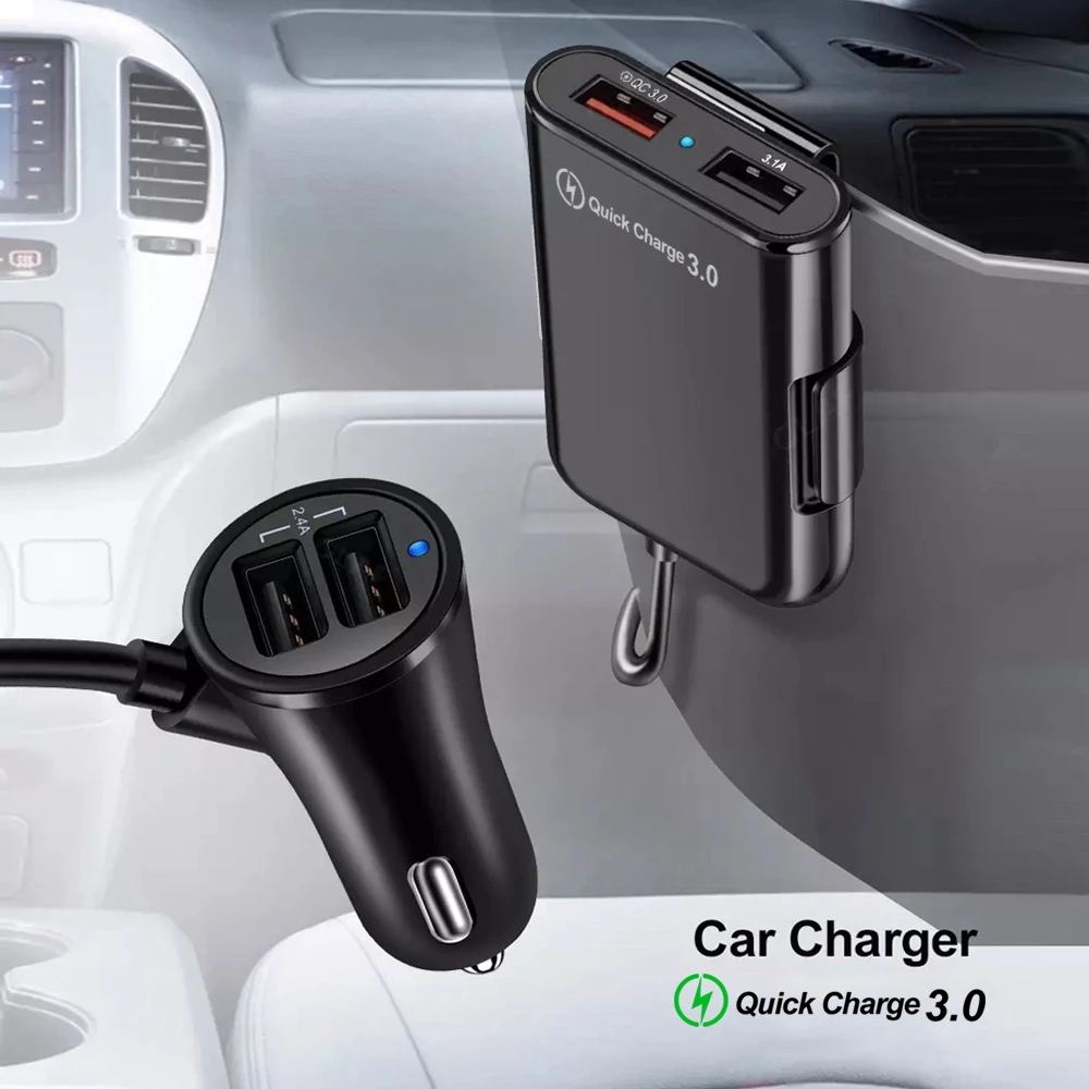 4 Port USB Car Charger Quick Charge QC3.0 5.6ft Extension Cable For Mobile Phone Driving Recorder Fast Charging